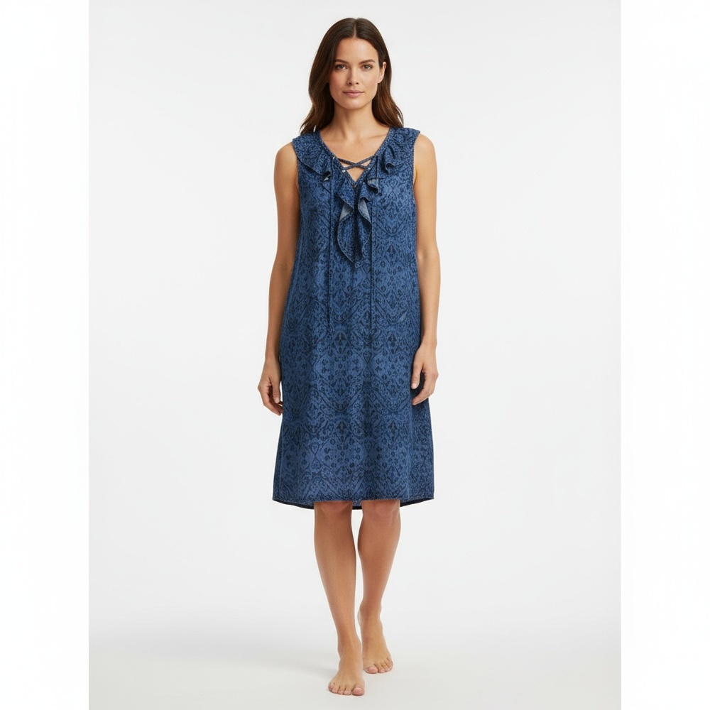 NWT Neiman Marcus Large Indigo Blue Denim Look‎ Chambray Ruffle Lace Up Dress